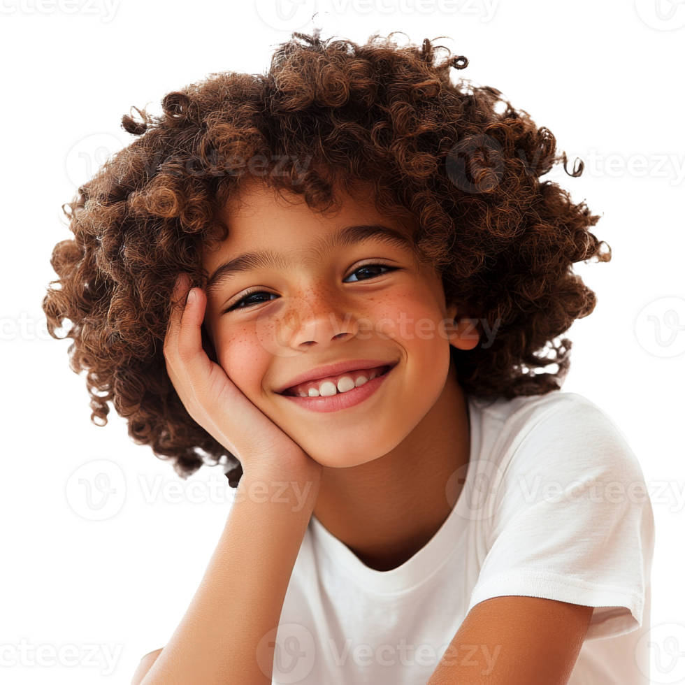 Smiling child with curly hair in casual outfit transparent png