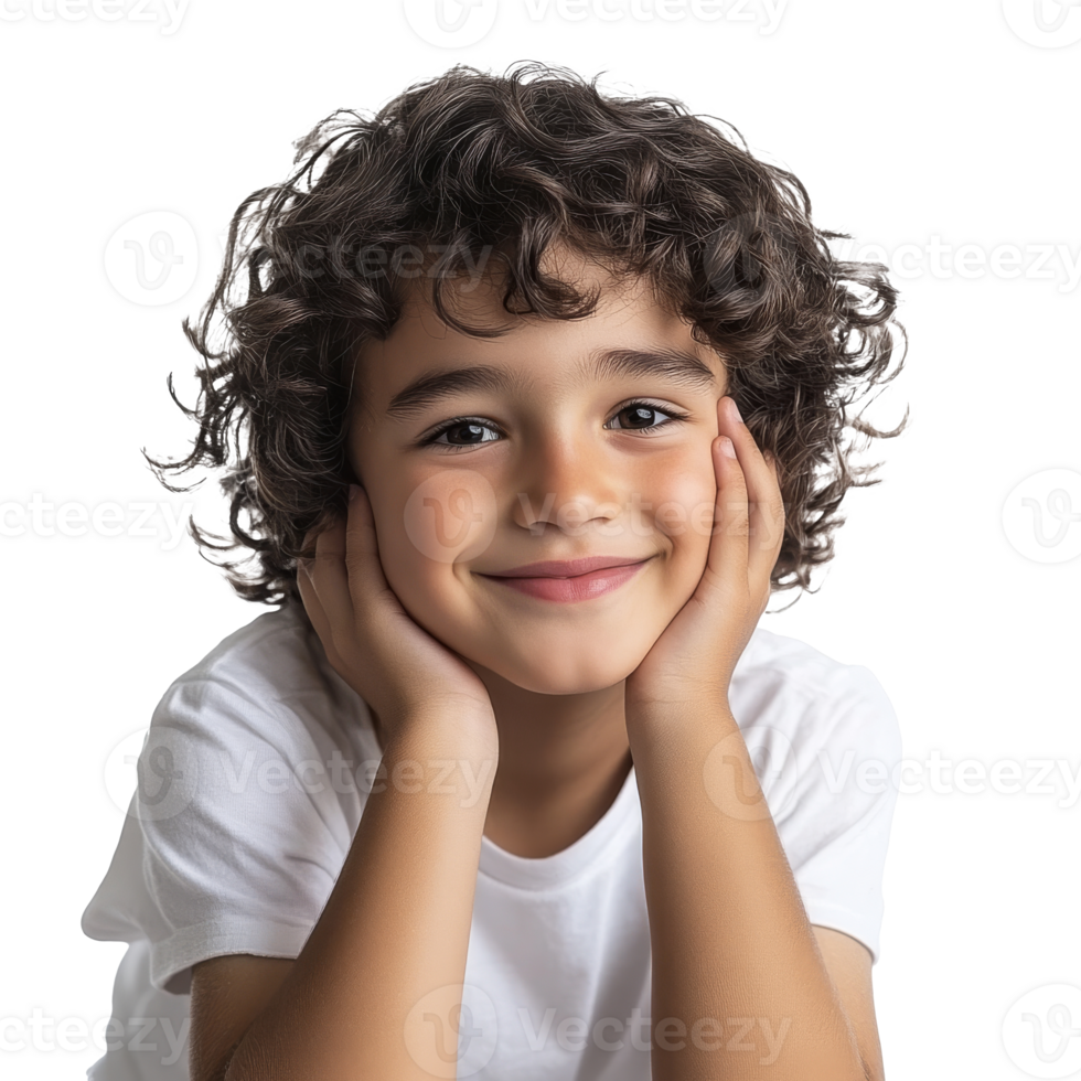 Smiling boy with curly hair on backdrop transparent png