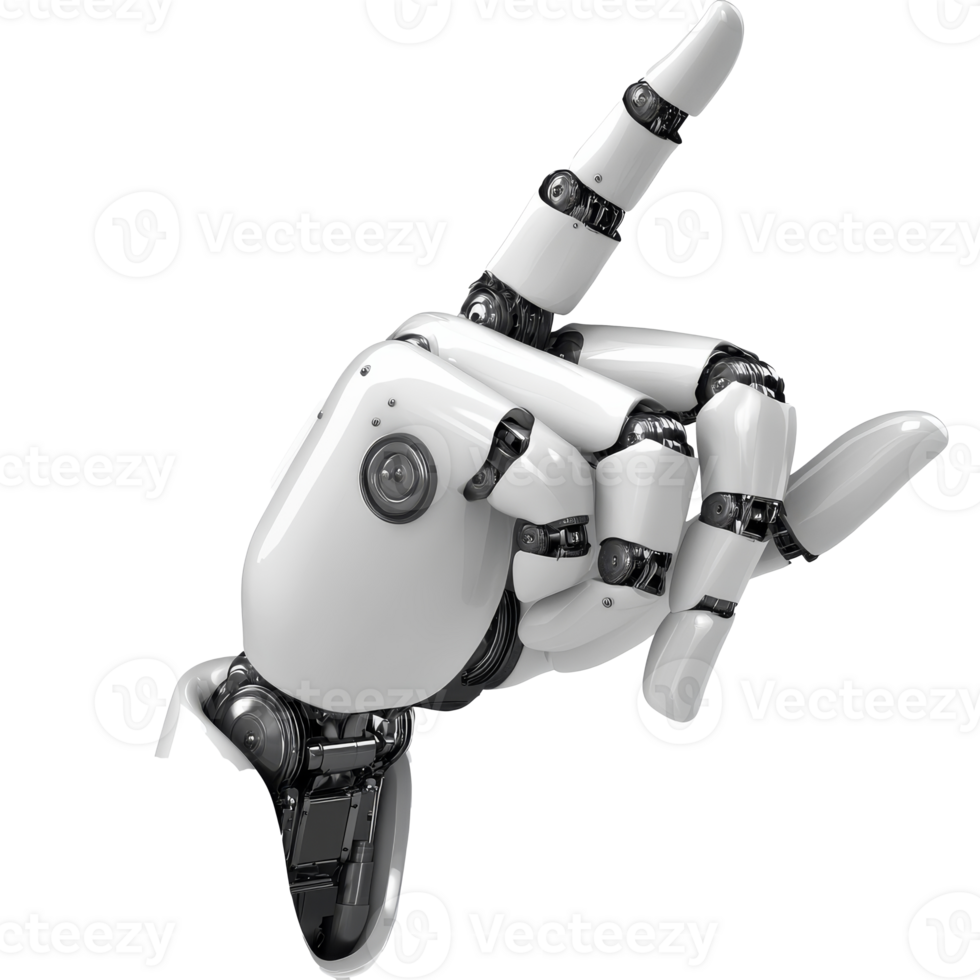 A white robotic hand gestures upward in the studio transparent png