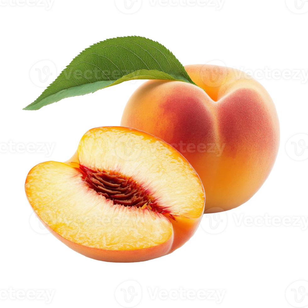 Fresh peach and a sliced piece with a green leaf transparent png