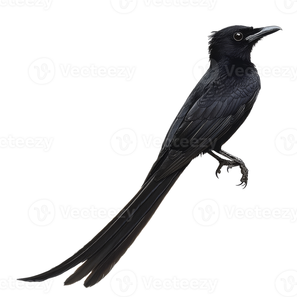 Black bird with long tail perched gracefully transparent png