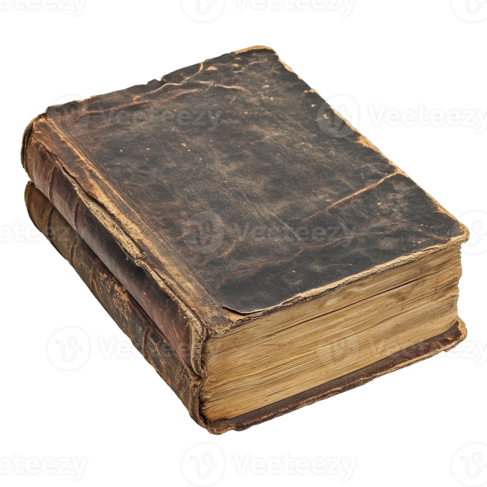 Old leather bound book resting on a wooden surface transparent png