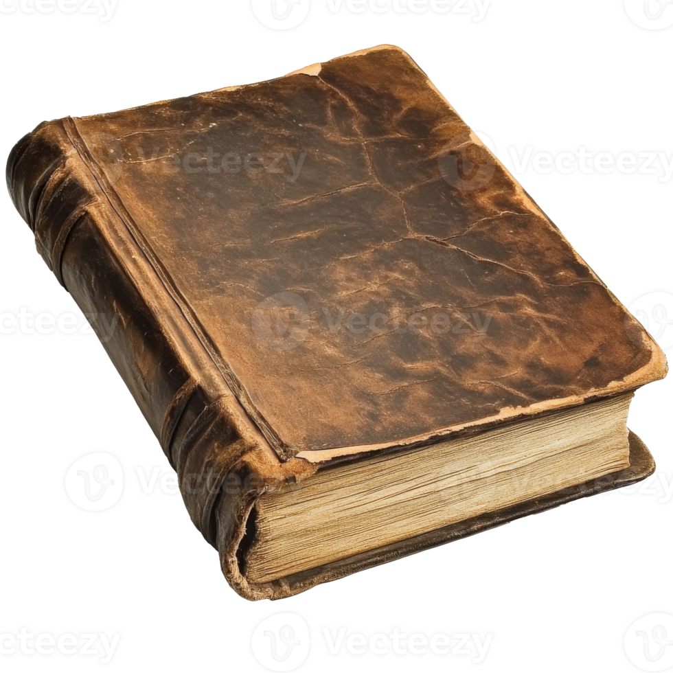 Antique leather bound book resting on a table transparent png