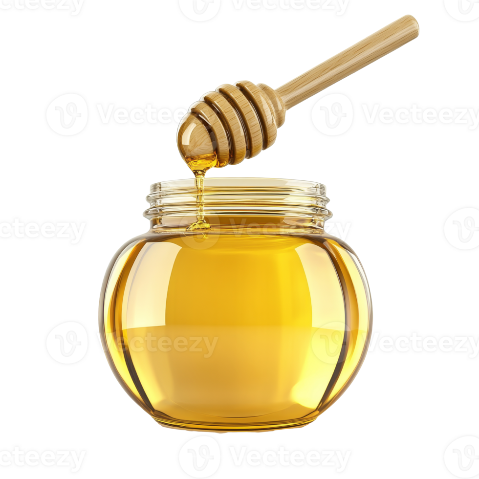 Honey drips from a dipper above a jar transparent png
