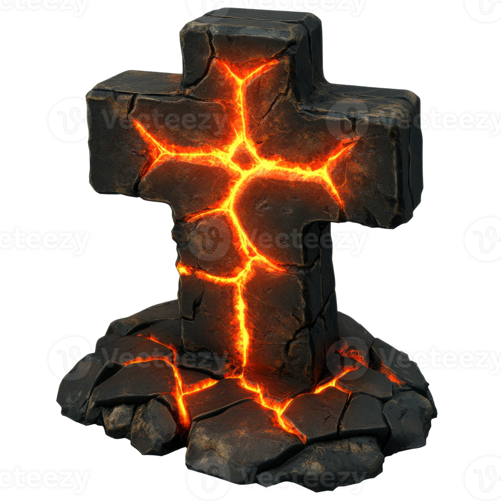 Glowing lava cross with cracked base on display transparent png
