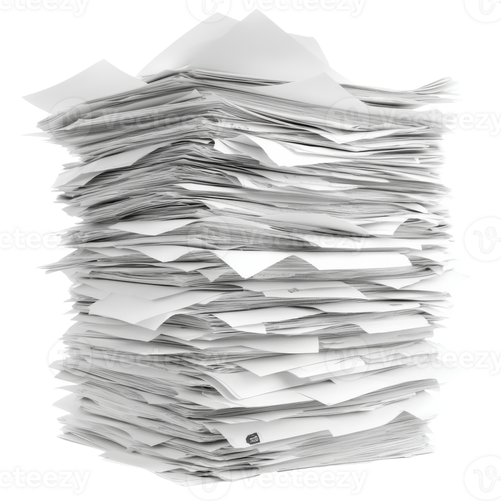 Messy papers piled on an office desk transparent png