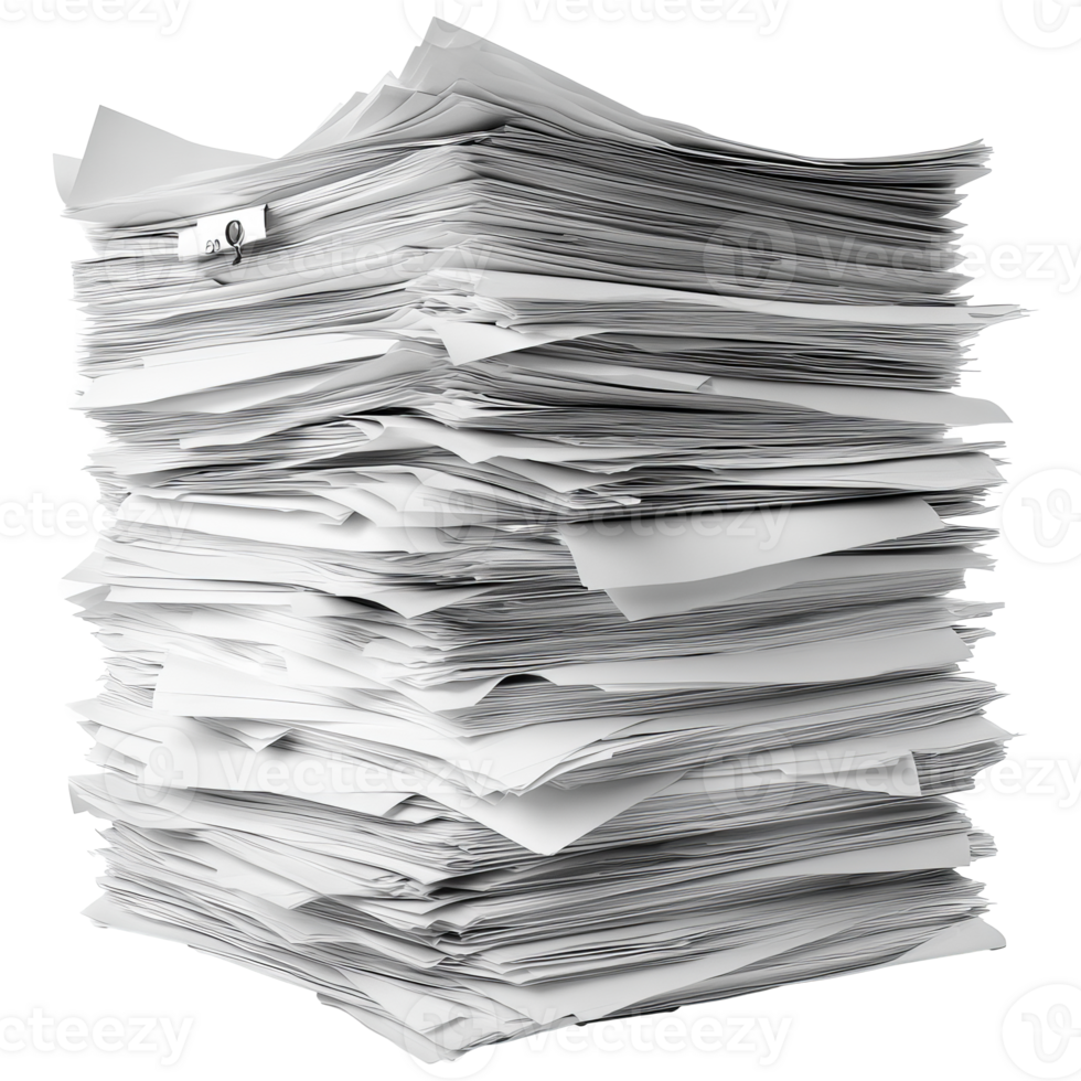 Stacked paperwork on a desk in an office setting transparent png