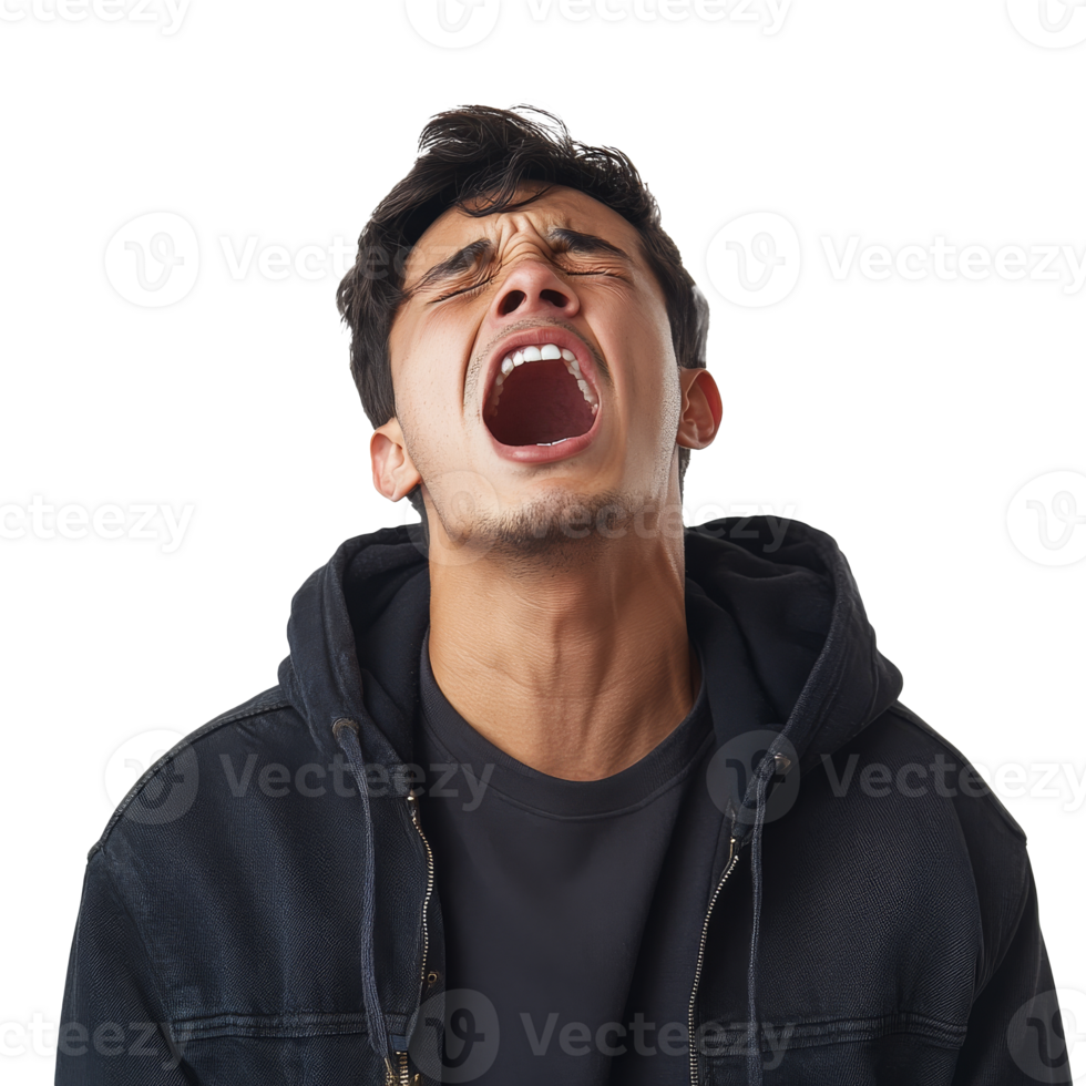 Young man showing strong emotion in light transparent png
