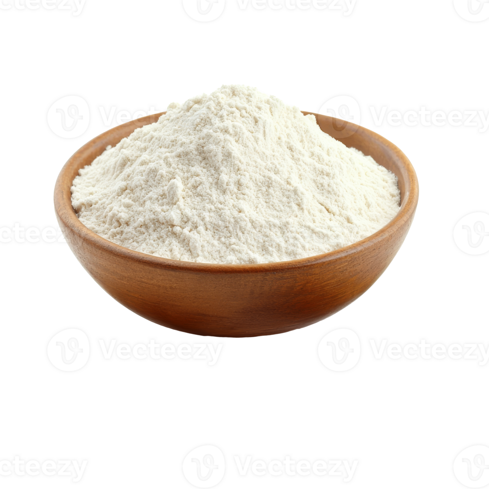 White flour in a brown wooden bowl on a table transparent png