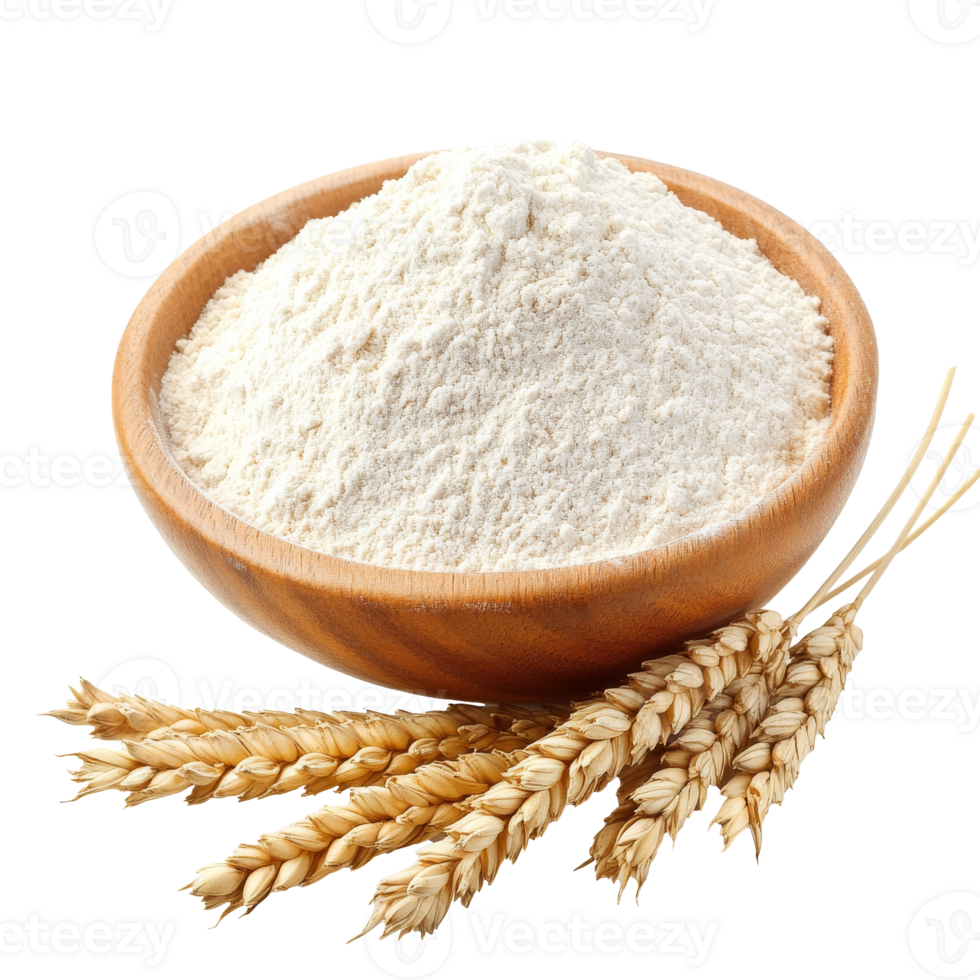 Flour in a wooden bowl with wheat stalks beside it transparent png