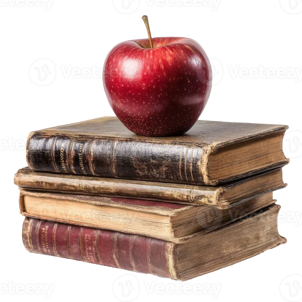 Stacked old books with a red apple on top transparent png