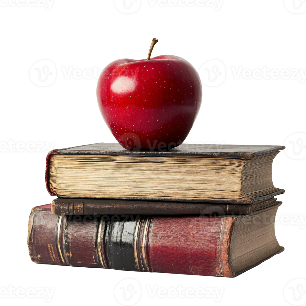 A red apple resting on vintage stacked books transparent png