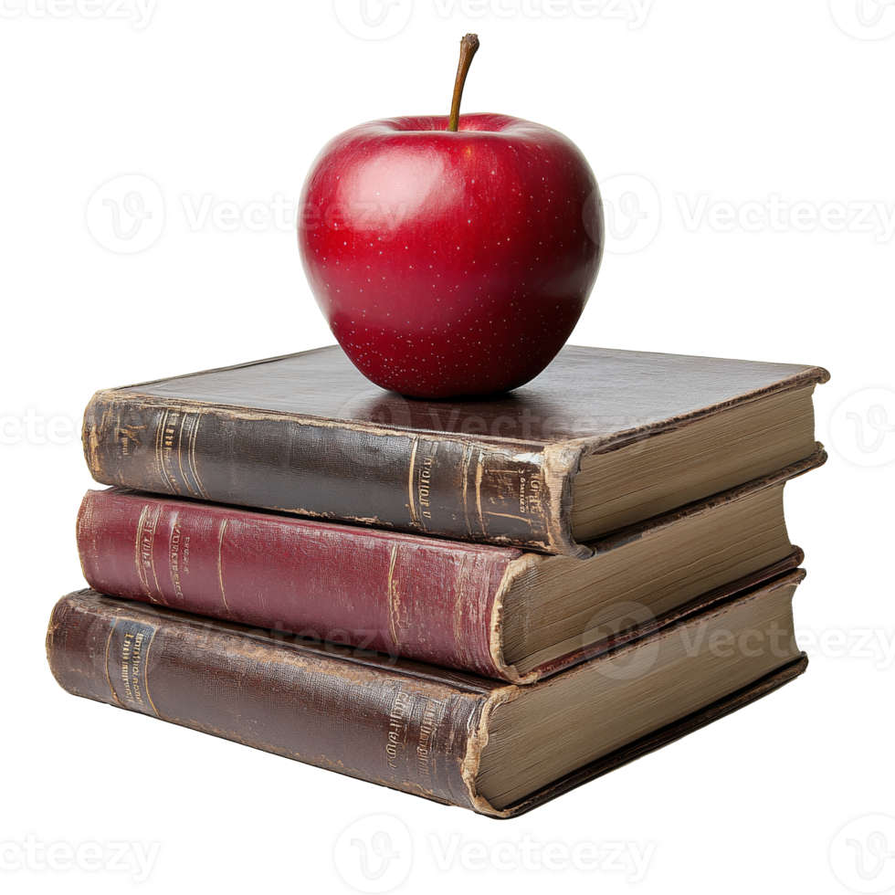 A red apple resting on three stacked books transparent png