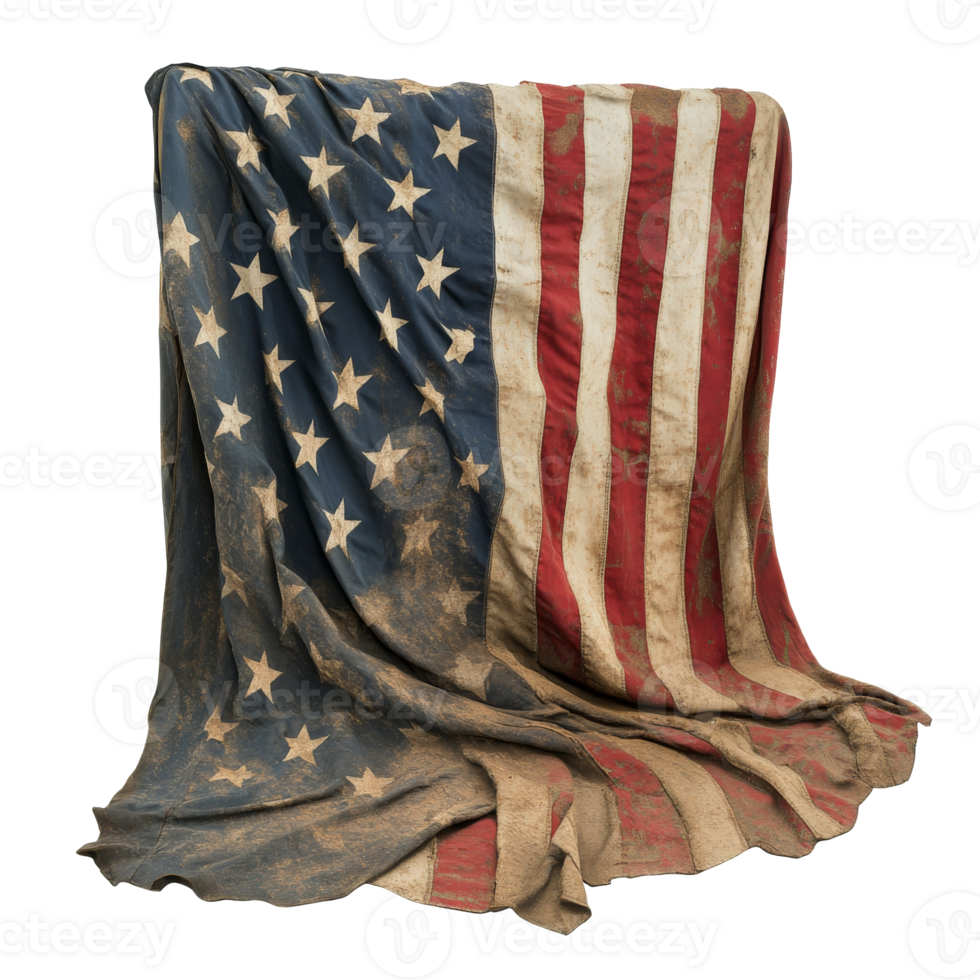 Worn American flag displayed in a rustic setting transparent png