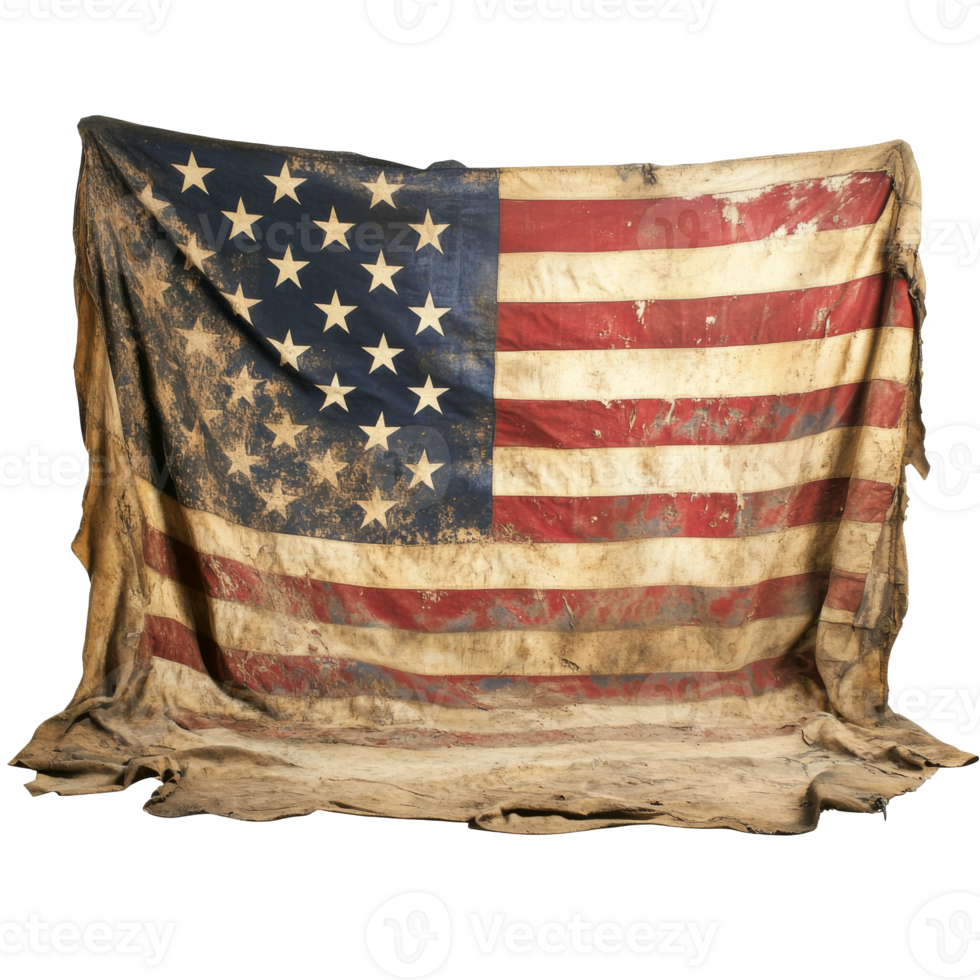Tattered American flag on rustic ground transparent png