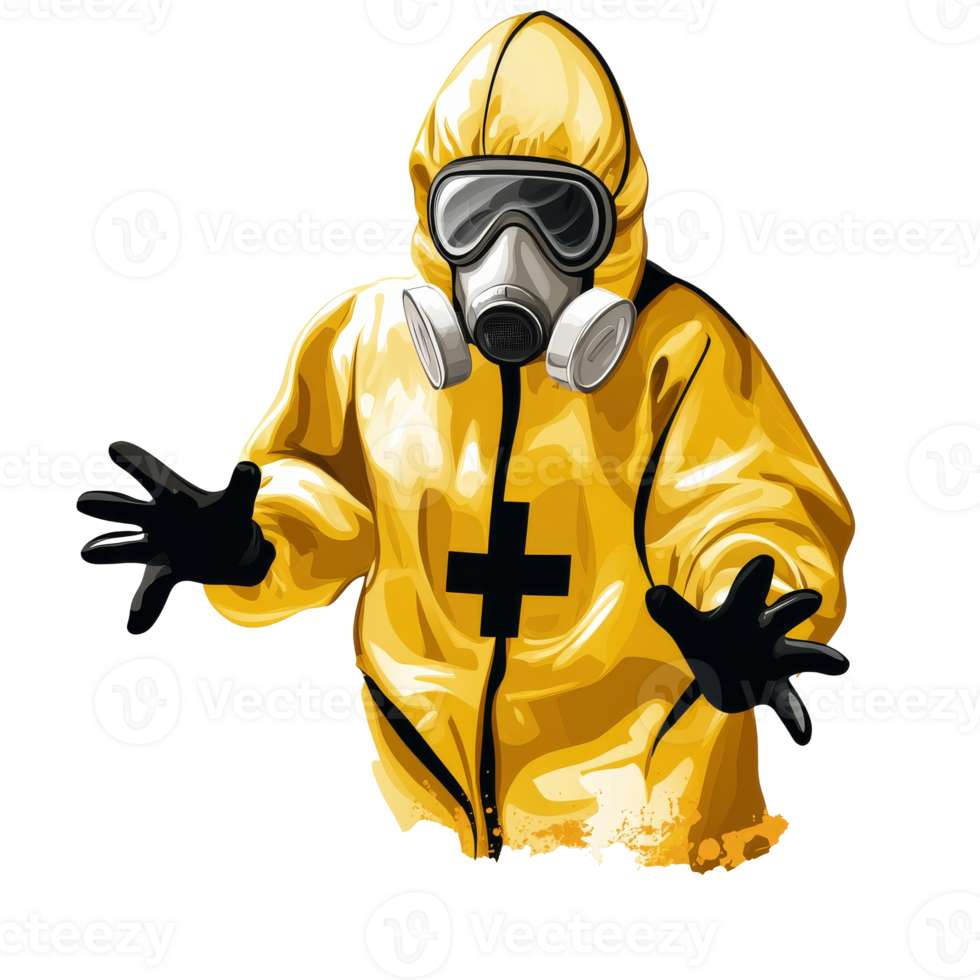 Person in yellow protective suit with gas mask transparent png