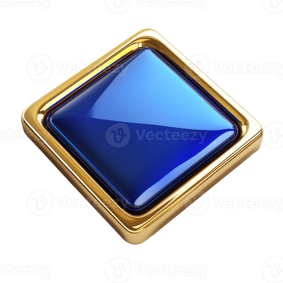 Shiny blue square button with golden frame design transparent png