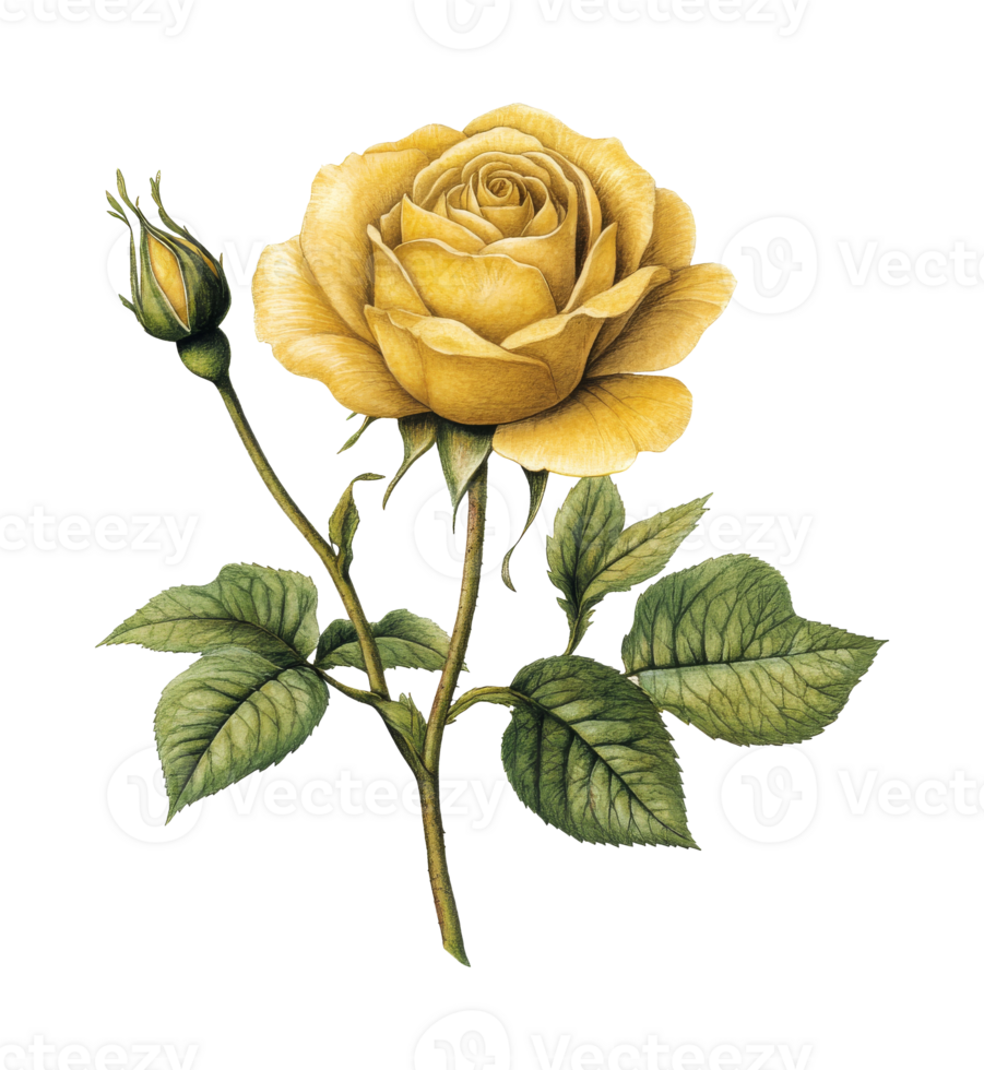 Yellow rose with bud on an elegant green stem transparent png