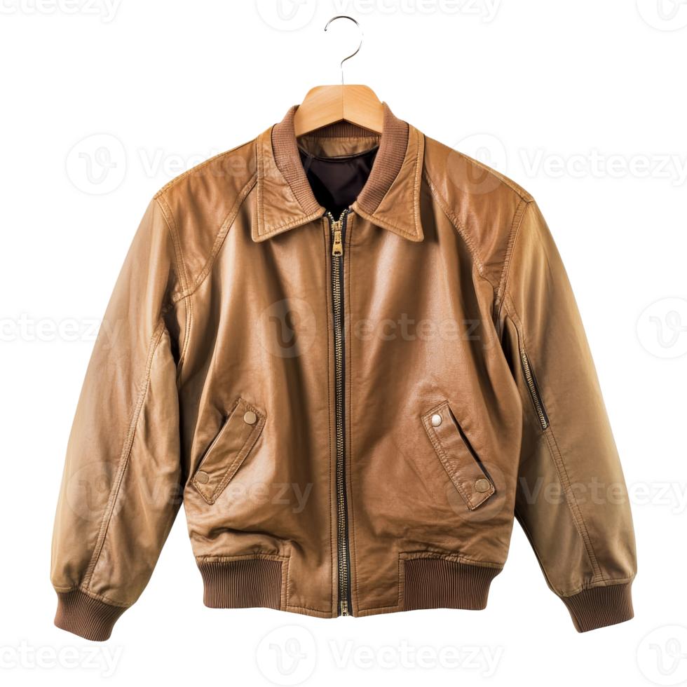 Stylish brown leather bomber jacket on display transparent png
