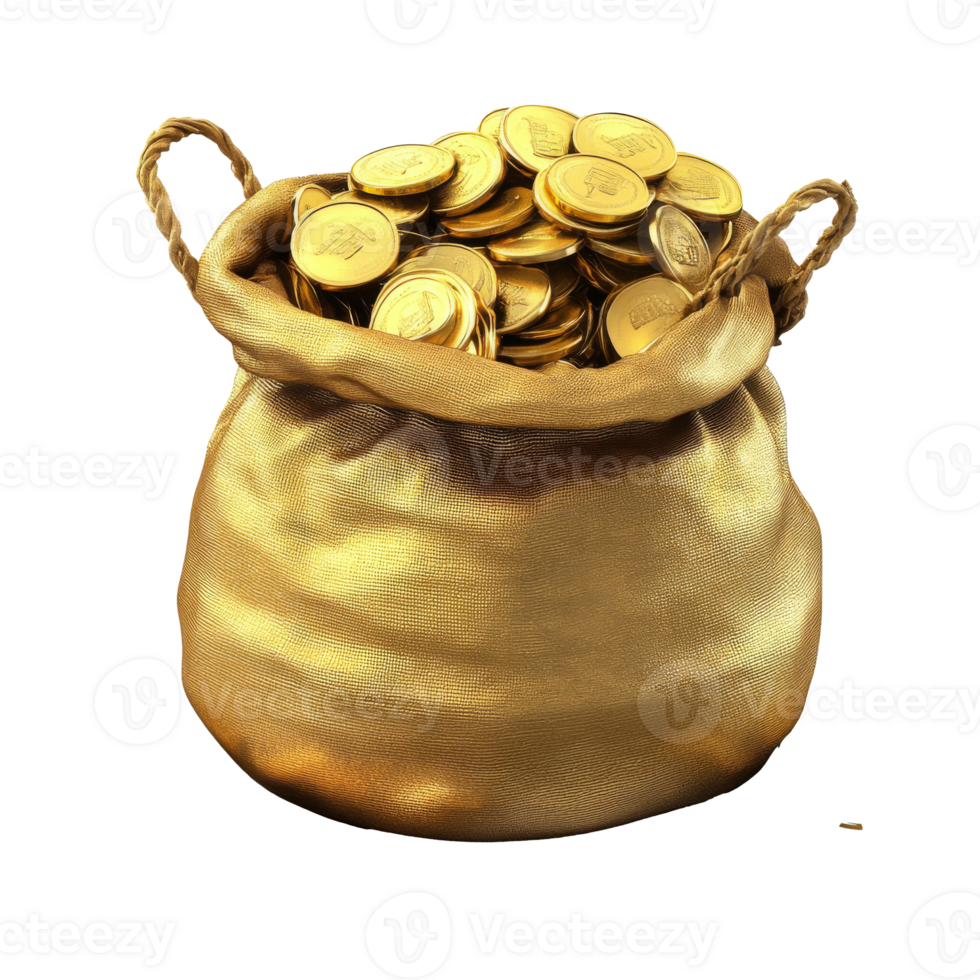 Gold sack of coins on white transparent png
