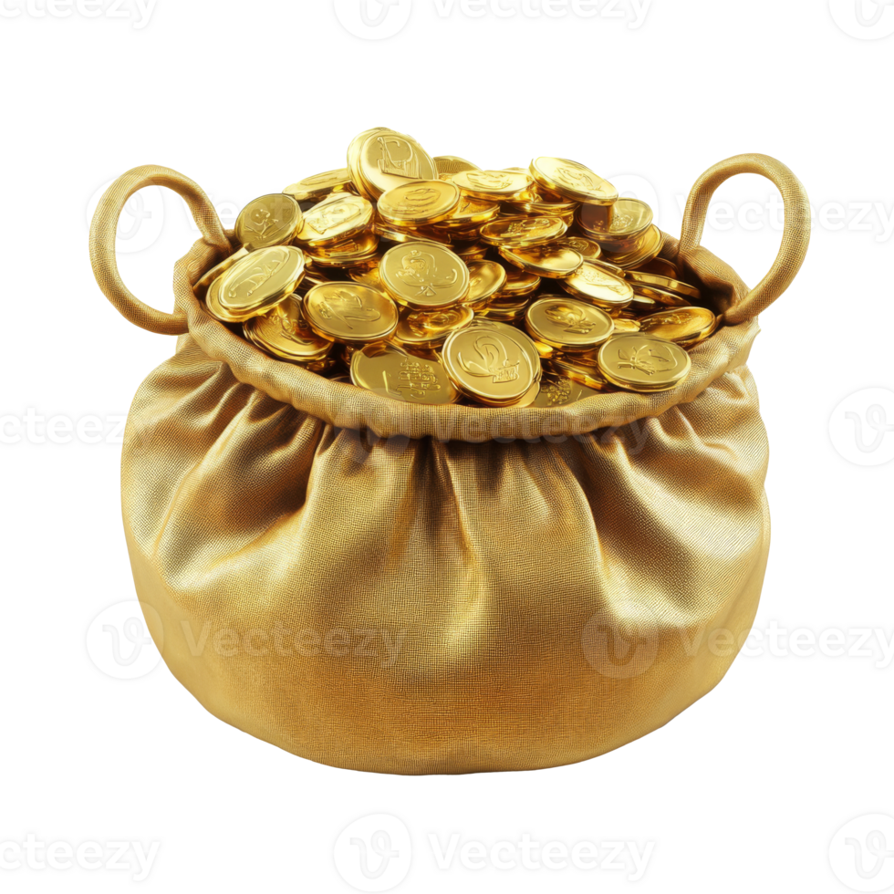 A golden bag filled with shiny coin treasures transparent png