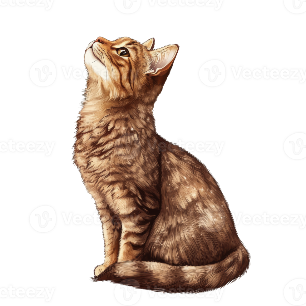 A curious brown tabby cat gazing upward softly transparent png
