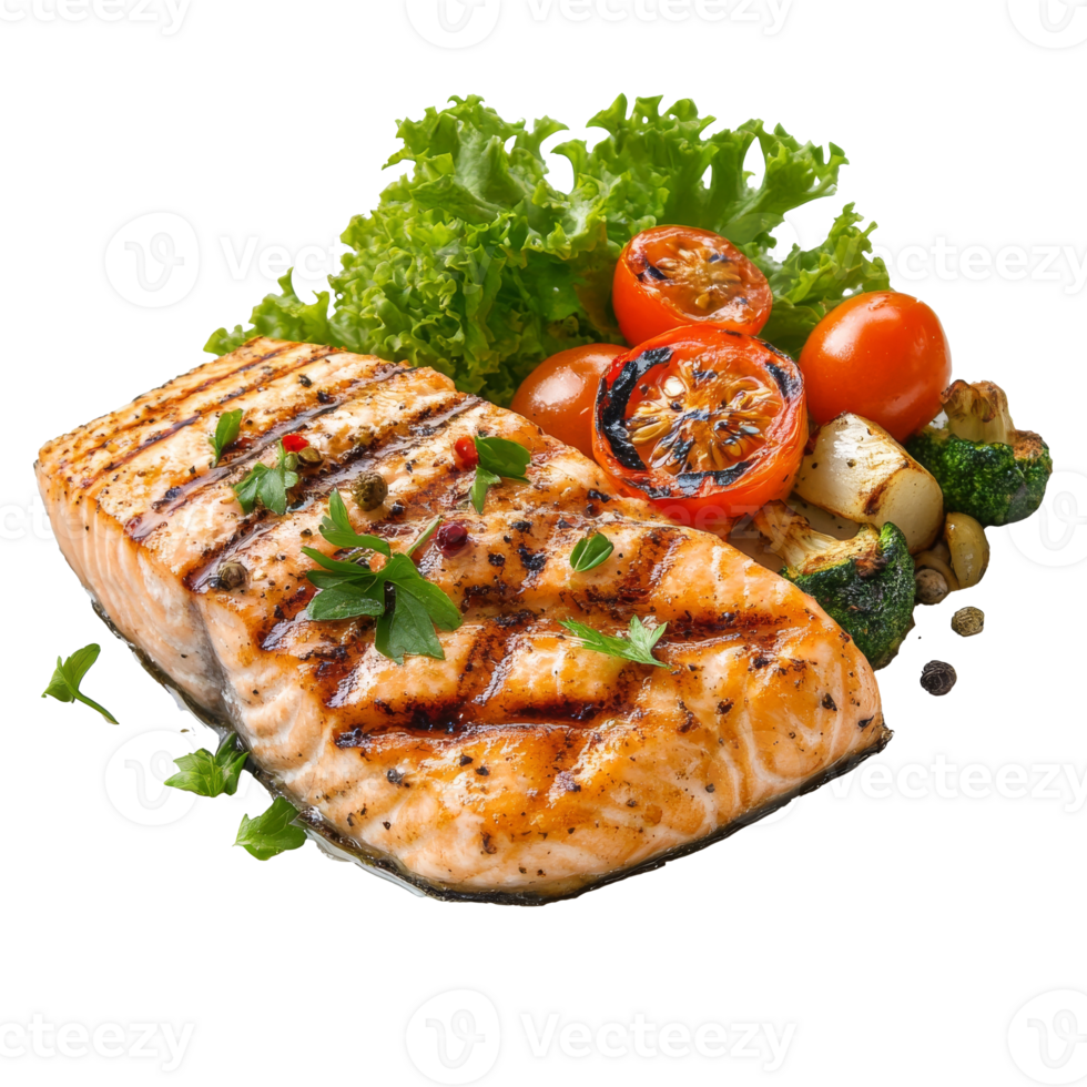 Grilled salmon with veggies on a plate transparent png