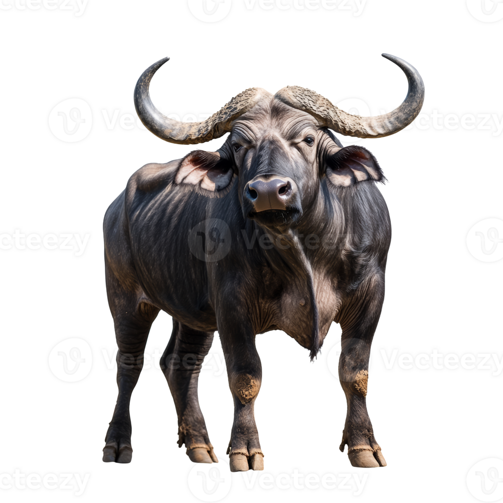 A solitary buffalo stands against a white backdrop transparent png
