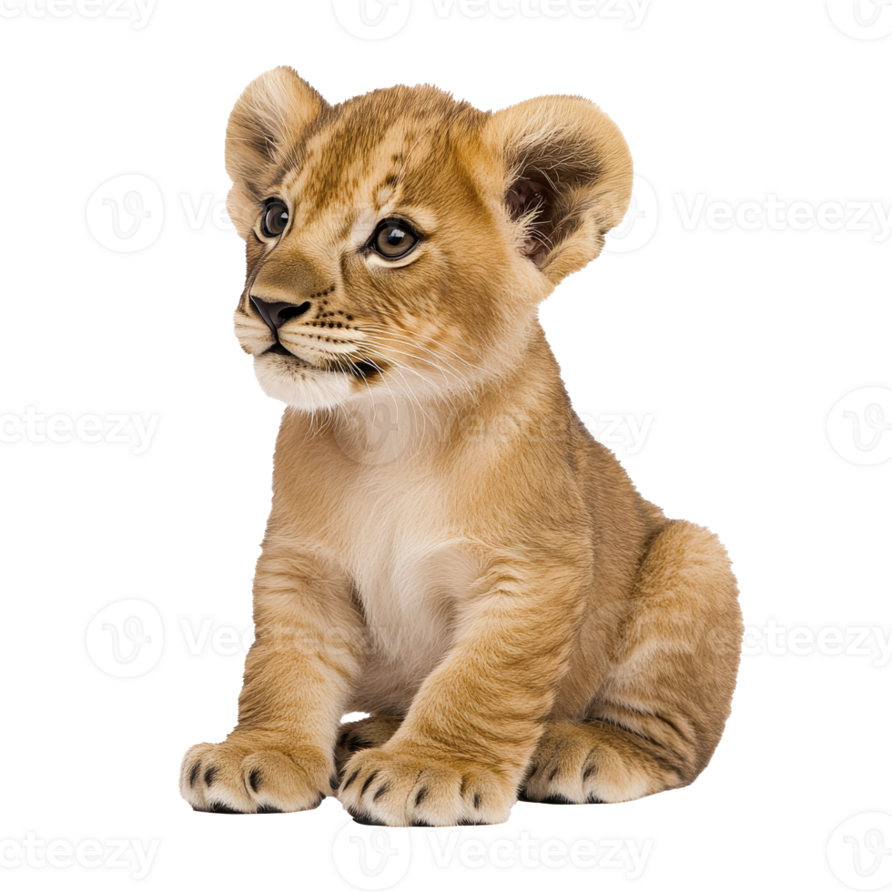 Cute lion cub sitting on a white background transparent png