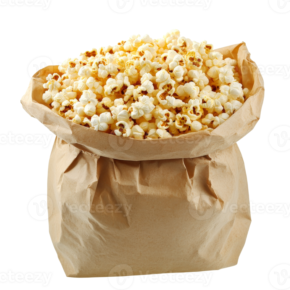 Freshly popped popcorn in a brown paper bag transparent png