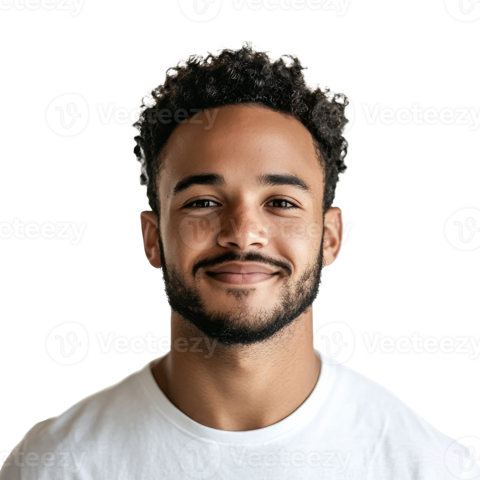 Young man with curls smiling on white backdrop transparent png