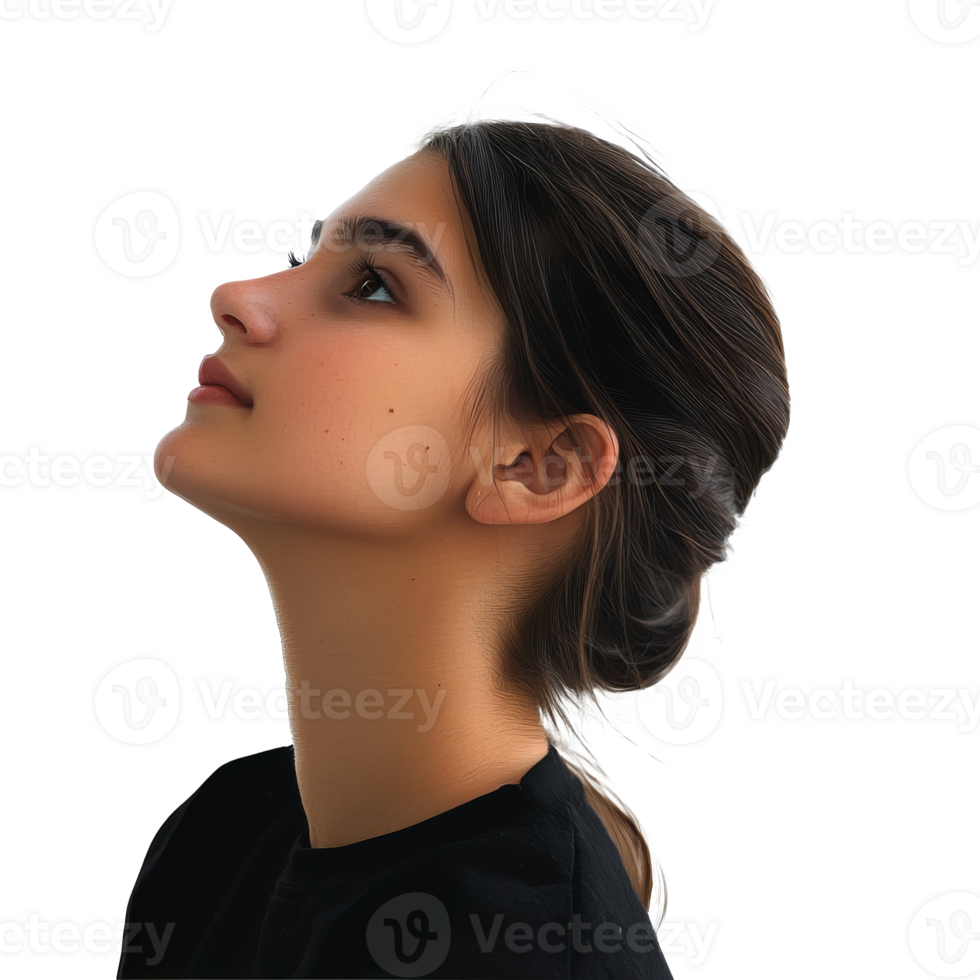 Serene young woman gazing upward transparent png