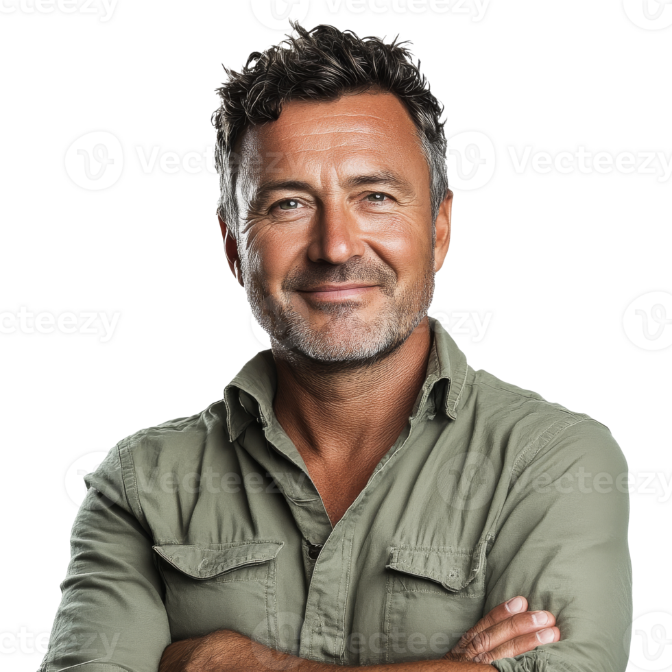 Smiling man with arms crossed, white bg transparent png