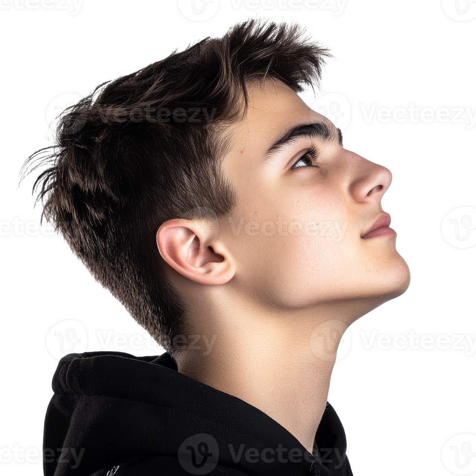 Young man gazing upward with thoughtful expression transparent png