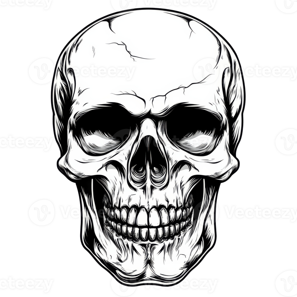 Detailed black and white skull art transparent png