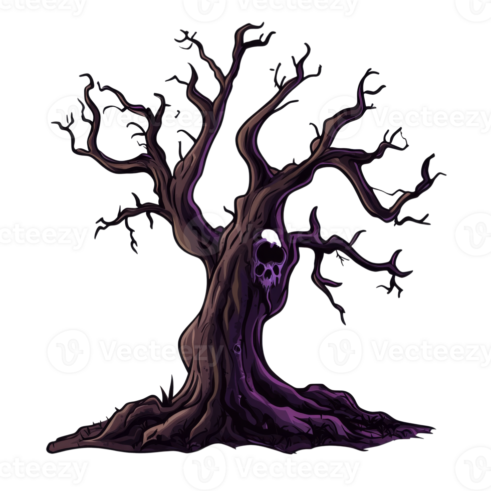 Gnarled tree with skull in dark forest transparent png