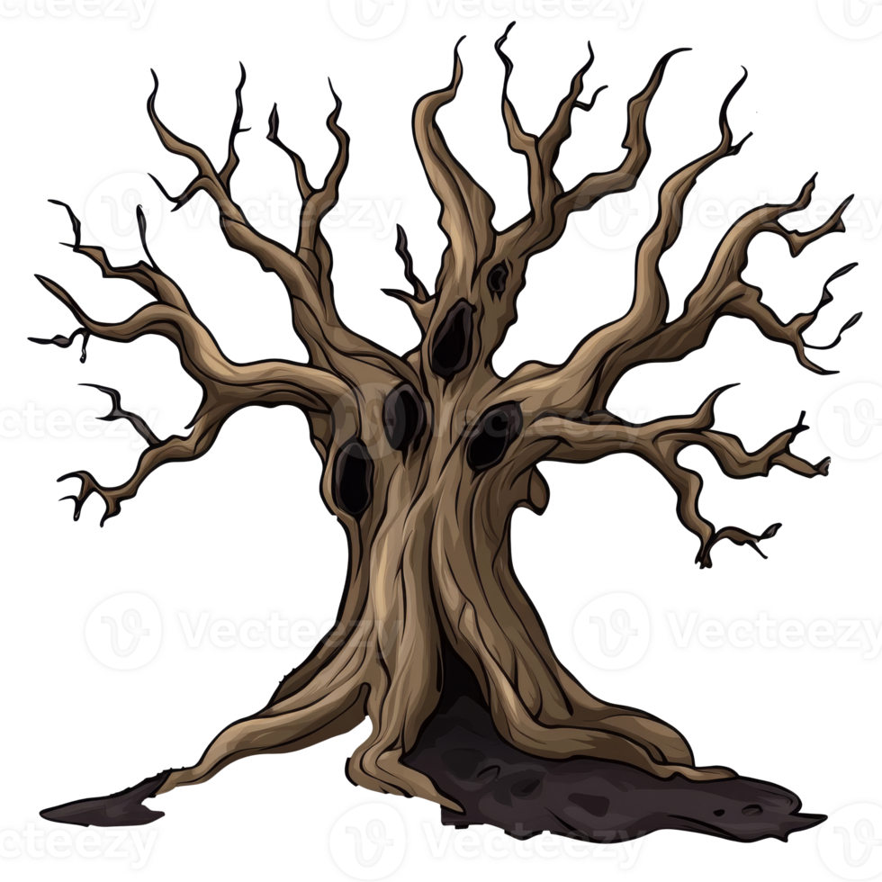Gnarled tree with twisted branches in a dark style transparent png