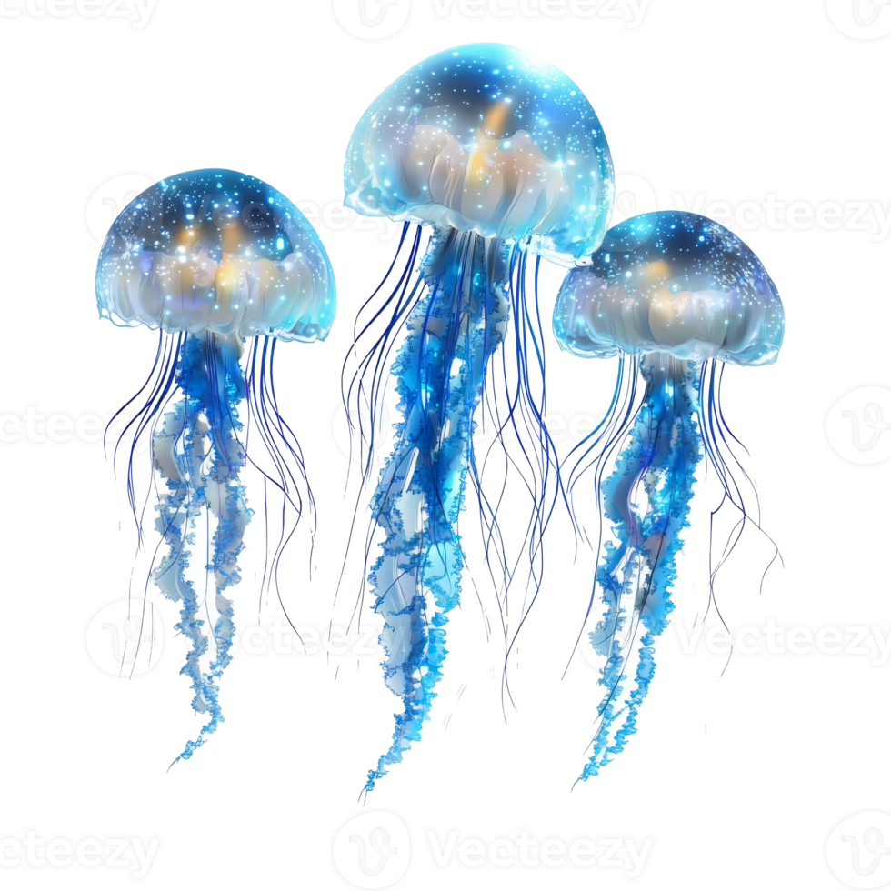 Three glowing jellyfish in blue water transparent png