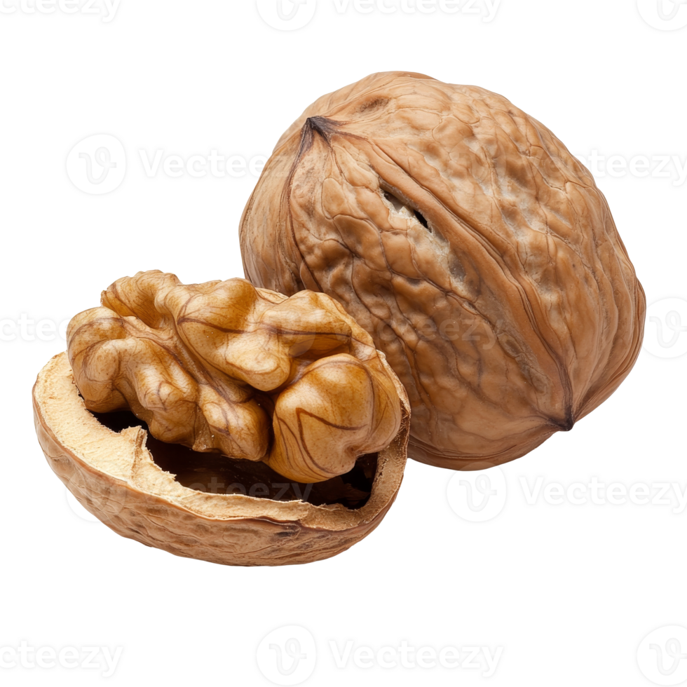 Walnuts with shell and nut on white transparent png
