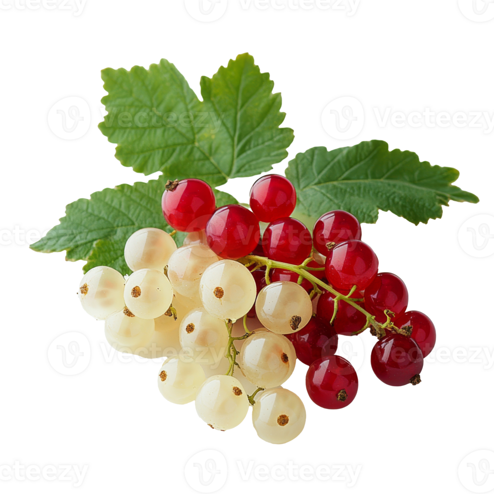Fresh white and red currants on leafy branch transparent png