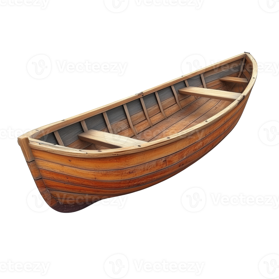 Rustic wooden boat resting on a calm shore transparent png