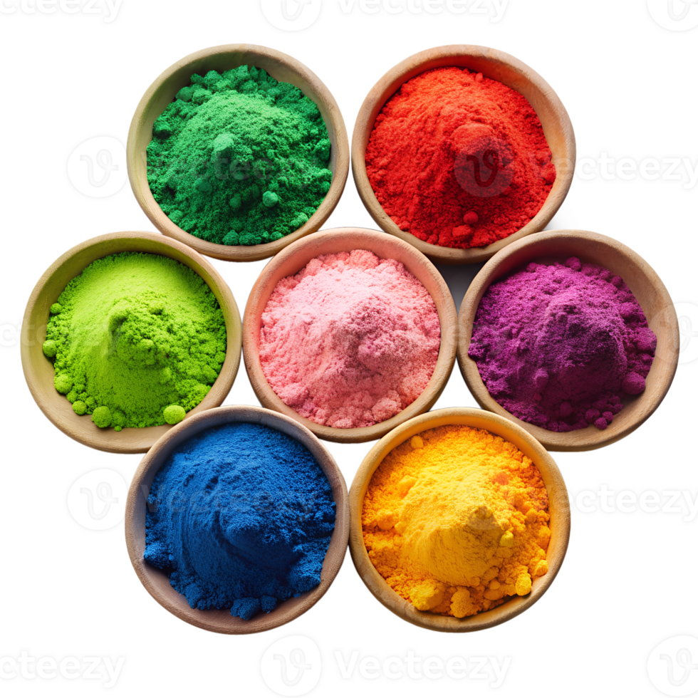 Bowls of colorful powders at a festival png