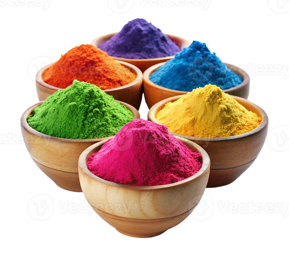 Colorful powders in wooden bowls png