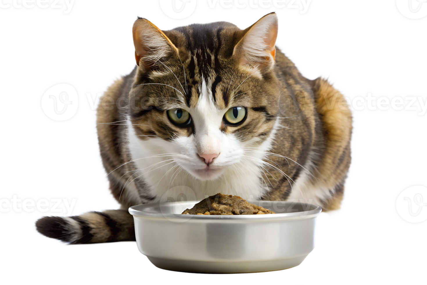 Cat enjoying a meal from a metal bowl indoors png