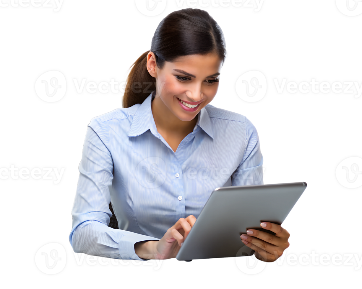 Woman using a tablet device indoors while smiling png