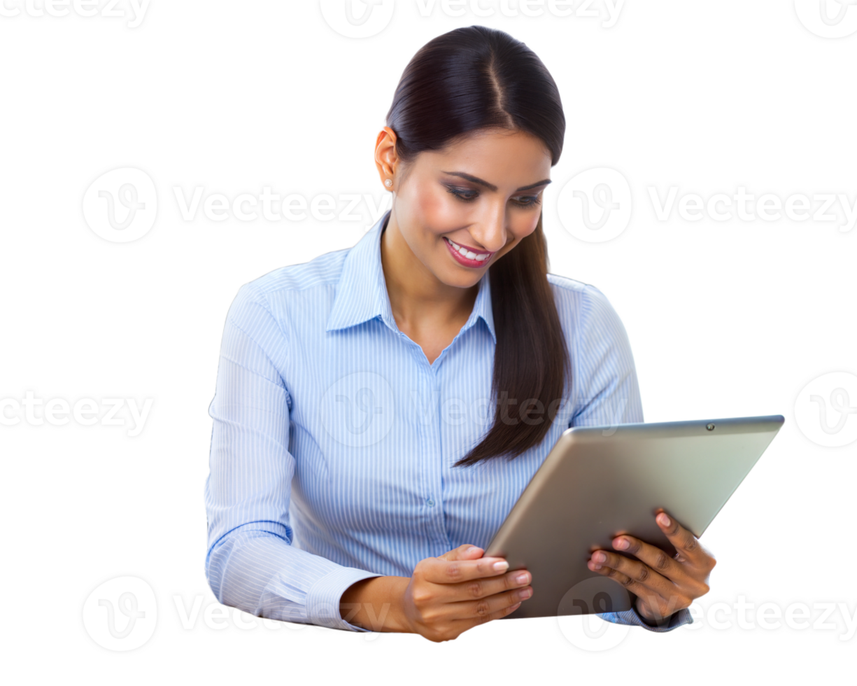 Woman using a tablet in a bright office setting png