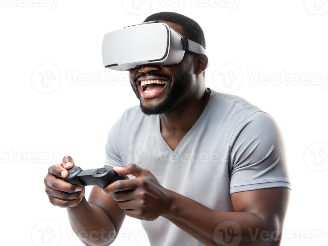Happy man enjoying virtual reality gaming at home png