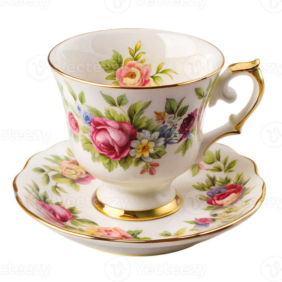 Elegant floral china cup and saucer on display png