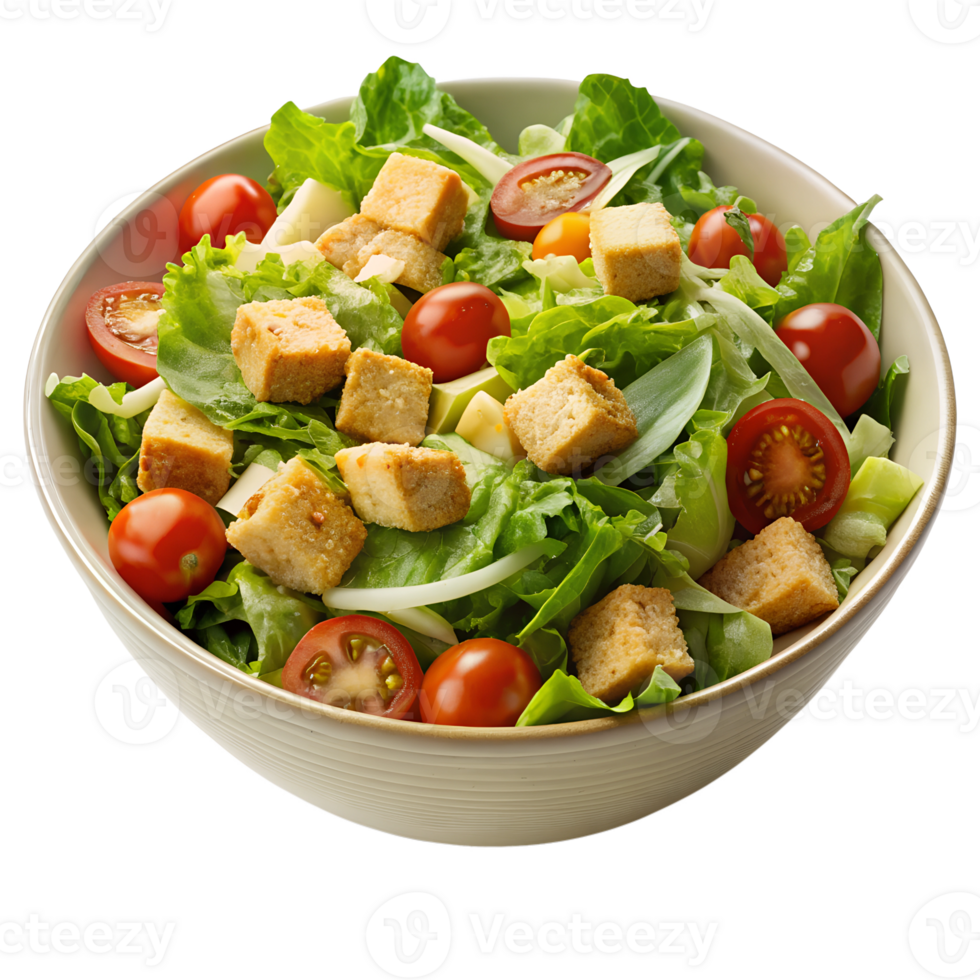 Fresh salad with tomatoes and croutons in a bowl png