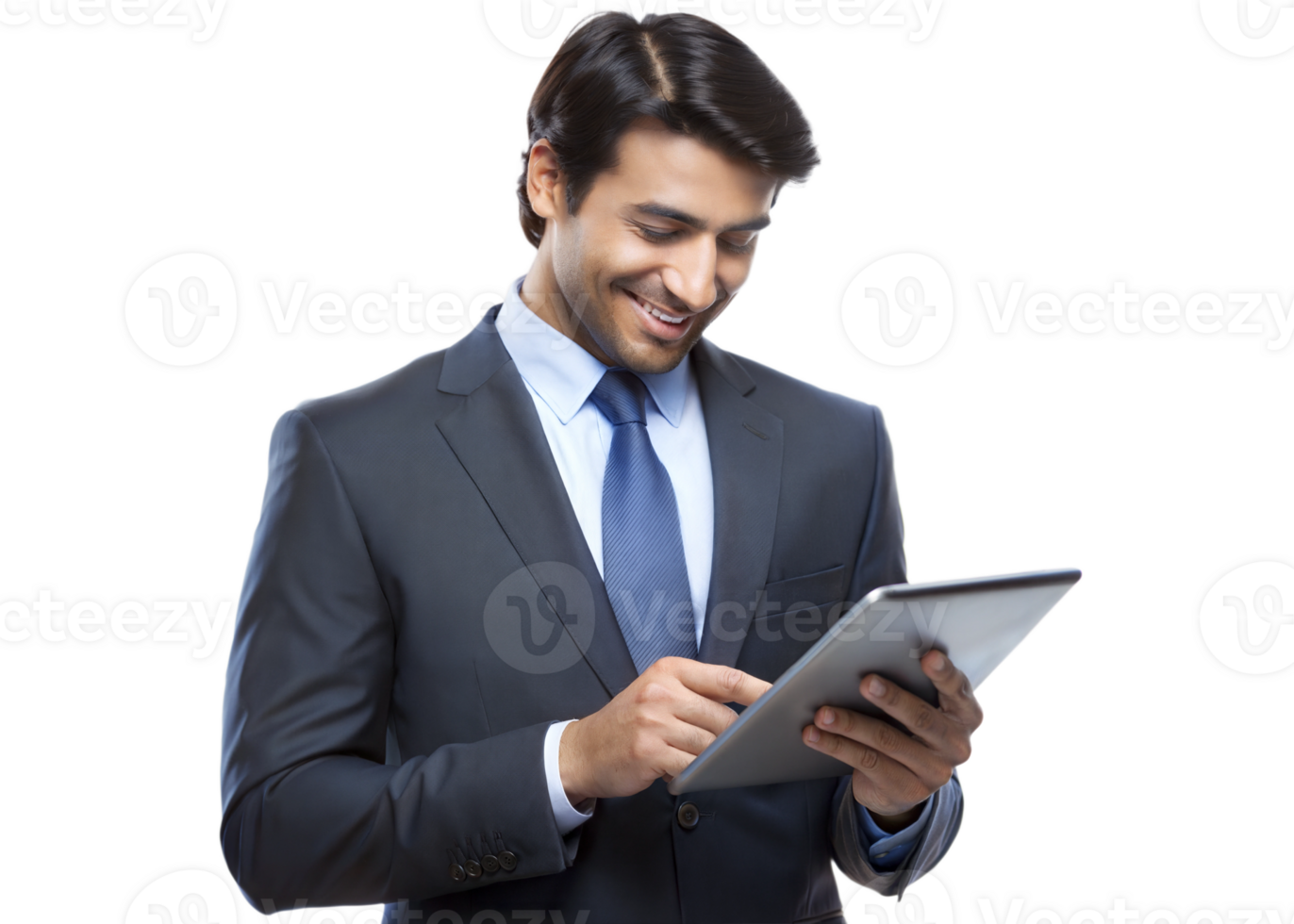 Business professional using a tablet with a smile png